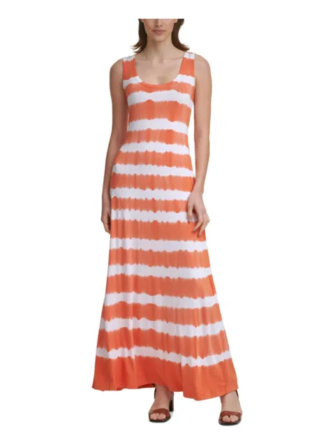 CALVIN KLEIN Womens Orange Striped Sleeveless Scoop Neck Maxi Shift Dress 4