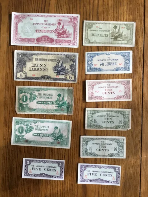 WWII Japanese Occupation Money Japanese Government (Burma) - 11 Bank Notes