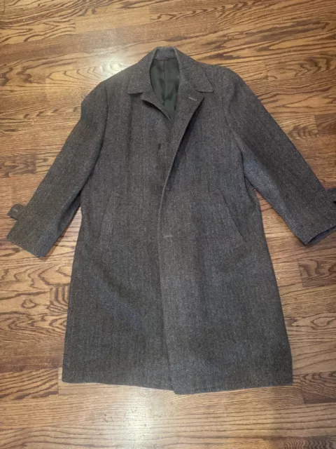 VTG Harris Tweed Scottish Wool Charcoal Grey Herringbone Long Jacket Overcoat