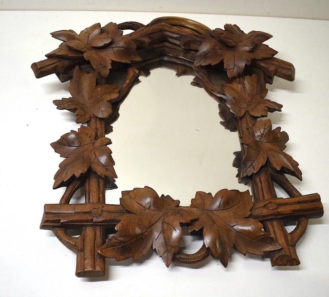 Antique French Black Forest Louis XVI Style Small Mirror Floral Carved Wood 19th