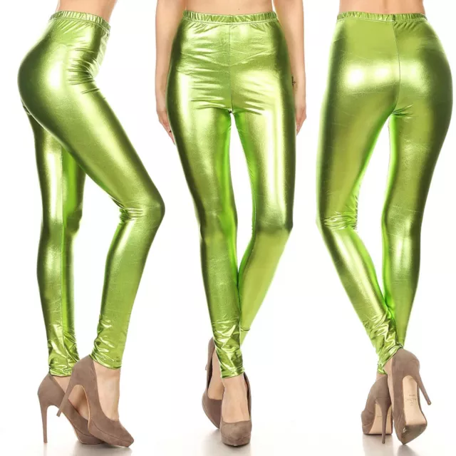 Ladies Metallic Neon Shiny Glossy Leggings Skinny Fitted Dance Vinyl Pants 3
