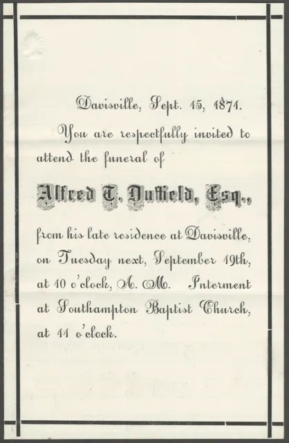 1874 Davisville Pennsylvania Alfred T. Duffield Funeral Notice American Mourning