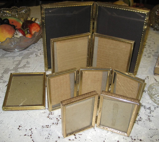 Lot of 5 Vintage Gold Tone Metal Picture Frames Assorted Sizes Bi-Fold, Tri-Fold