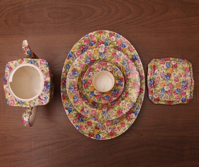 Lot of 8 Royal Winton Grimwades SWEET PEA Demitasse Soup Bowls Platter Teapot