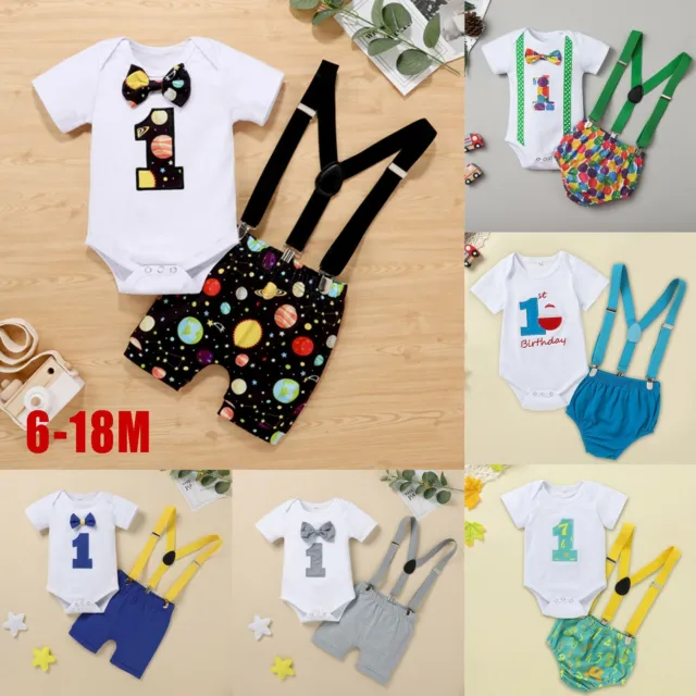 Infant Baby Boys Girls Romper+Bow Tie Suspender Shorts 1st Birthday Outfits US