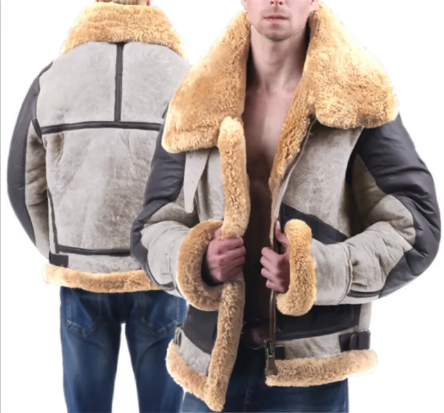 MEN'S COAT WARM Vintage Faux Sheepskin Jacket Fur Lined Leather ...