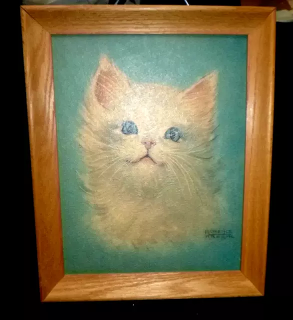 Vtg Florence Kroger White Cat Kitten Print Framed 13" x 16"
