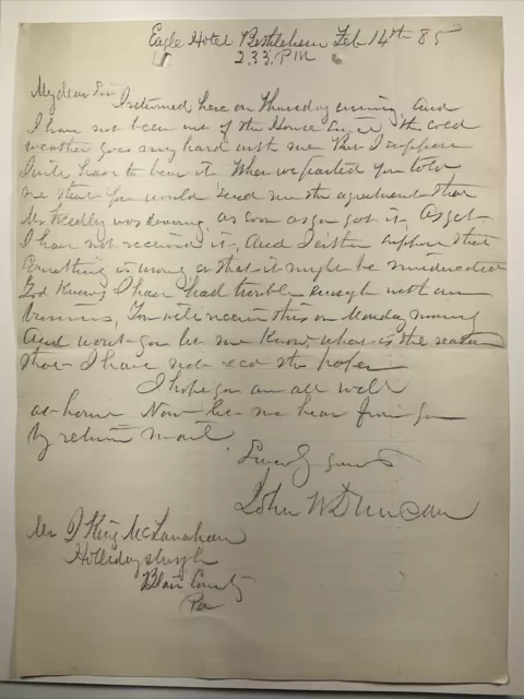 1885 Bethlehem, PA Eagle Hotel Handwritten Letter Feb. 14, 1885 Valentine's Day