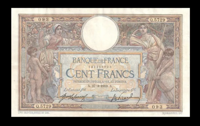 France, 100 Francs, Luc Olivier Merson, 1919 RARE ! Banknote
