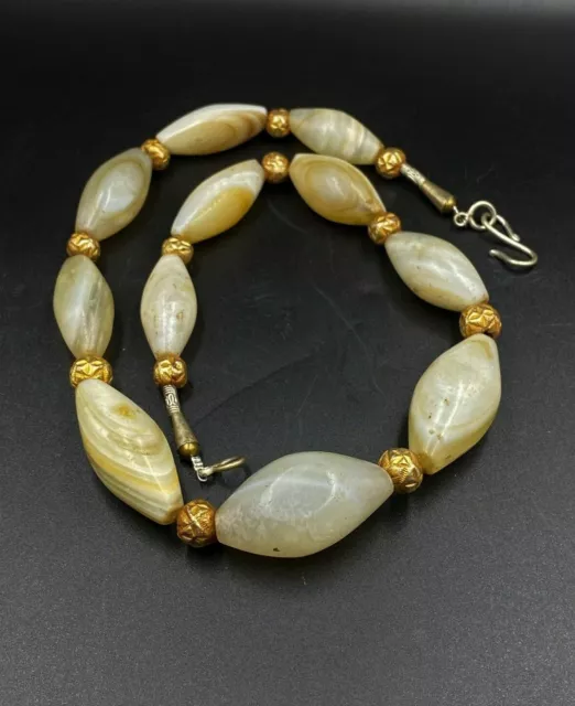DZI Old Ancient Himalayan Indo Tibetan Solumani Banded Agate Beads Mala Necklace