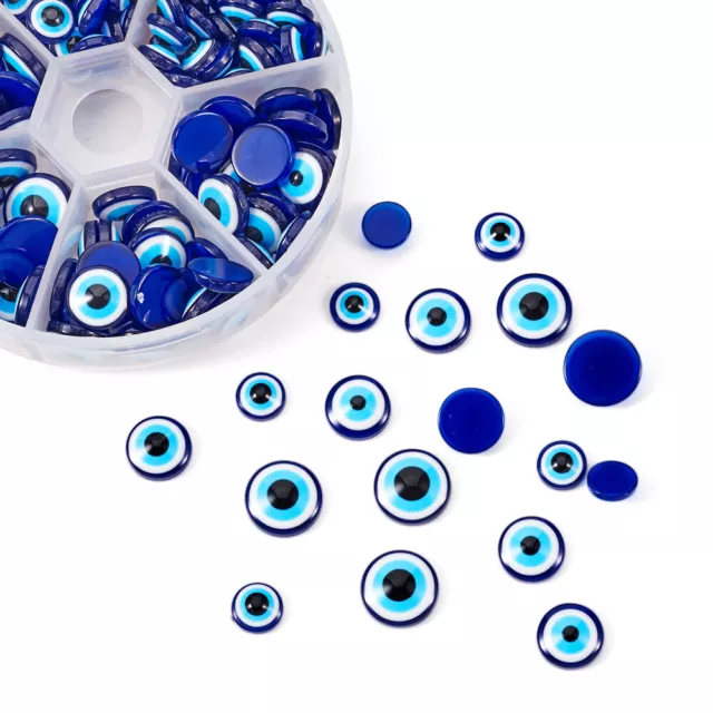 180Pcs Flat Back Resin Evil Eye Cabochons Tiles Blue 8/10/12mm Half Round