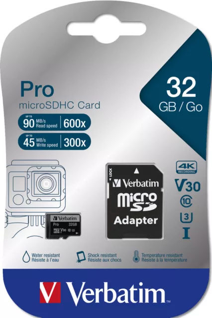 Verbatim Micro SDHC Karte 32GB Speicherkarte Pro UHS-I U3 4K Class 10 Adapter