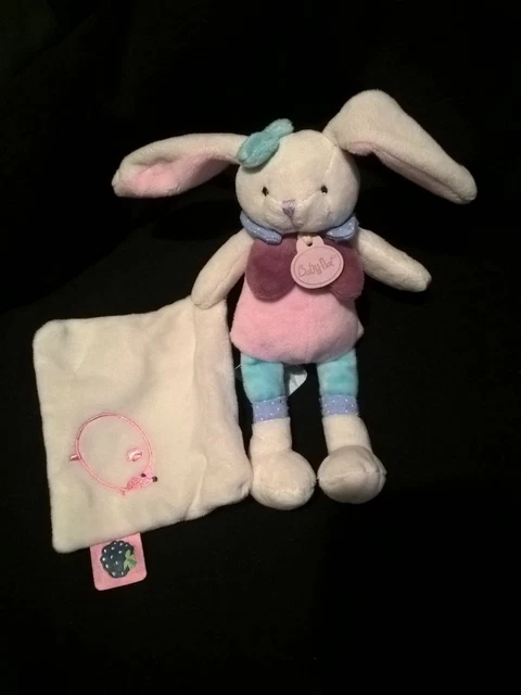 Doudou Lapin rose bleu avec mouchoir brodé hérisson Berry Baby Nat Neuf bn0241