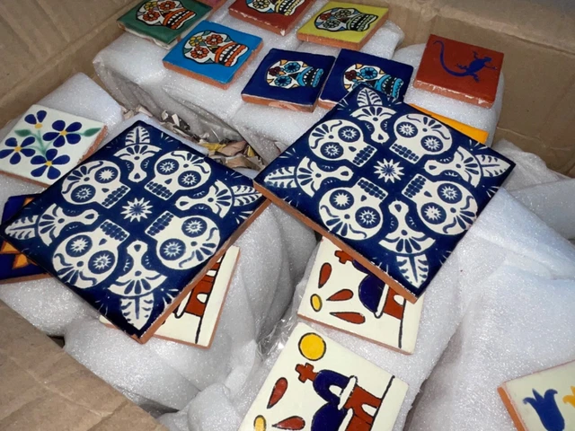 Vintage Mexican Hand-Painted Tiles ~ 50+ Sugar Skulls - Cool  - Free Shipping!!