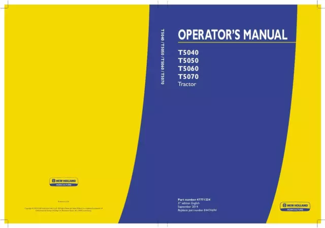 New Holland T5040, T5050, T5060, T5070 Tractor Operators Manual PDF/USB 47771224