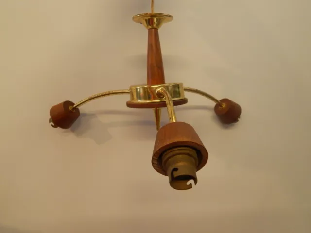 A Mid-Century Wooden Teak & Brass 3 Arm Ceiling Light Untested