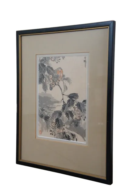Antique 19th Century Japanese Kono Bairei Meiji Bird Flower Woodblock Print 14" 2