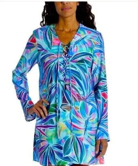 NWT La Blanca Multicolor Palm Long Sleeve Swimsuit Cover Up Tunic Small