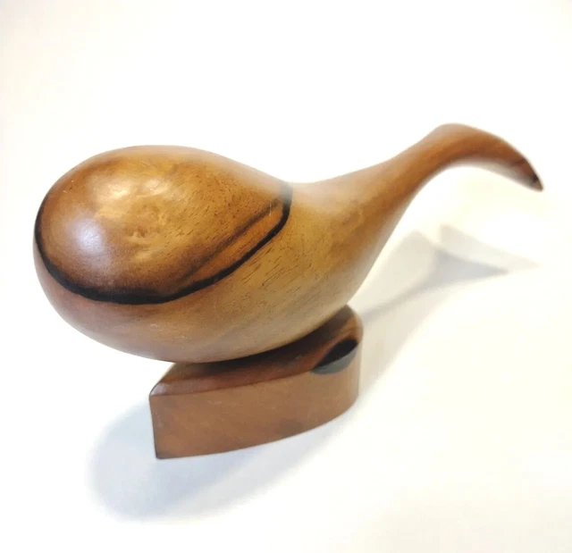 Whale Wooden Sculpture Hand Carved Figurine 10" Attached Base Striped Wood