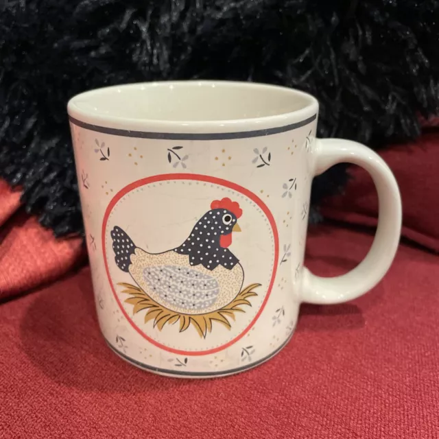 Vntg Japan Chicken Hen on Nest Country Pattern Coffee Mug White Blue Red Yellow