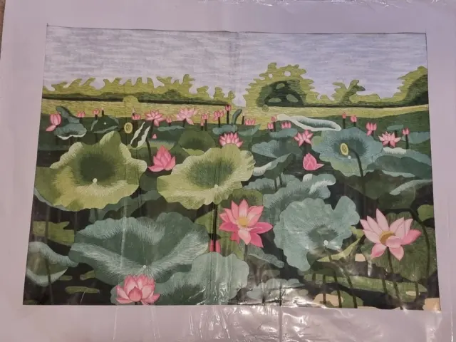 Water Lily Silk Embroidery Vietnam 65cm x 47 cm Brand New with matt unframed