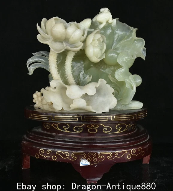 12" Rare Chinese Natural Xiu Jade Carving Lotus Flower Statue Sculpture