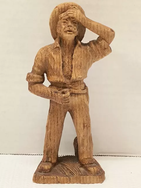 Vintage Hand Carved Wooden Man Worried Shocked Tired Cowboy Western Rare