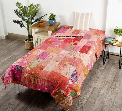 Indian Silk Sari Embroidery Patchwork Kantha Quilt Twin Bedding Throw Blanket
