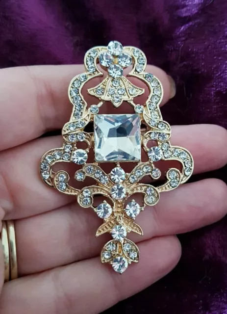 Vintage Art Deco Victorian Style Gold Tone Brooch Crystal Diamante Broach Gift