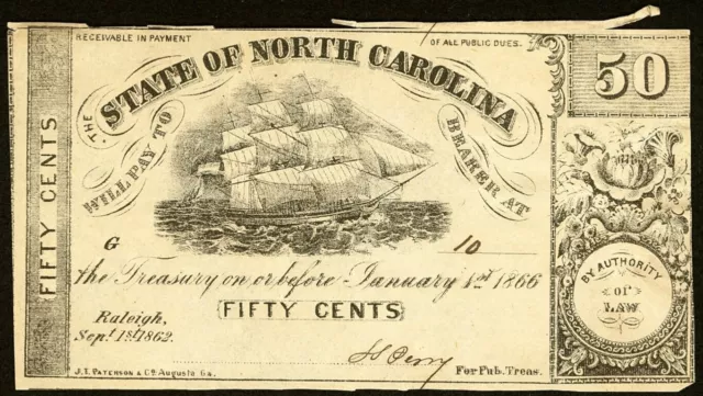 Sep 1, 1862 Raleigh NC State of North Carolina 50¢ Note Low Serial Number 10