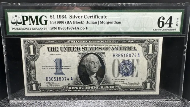 1934 One Dollar $1 Silver Certificate FR#1606 (BA Block) PMG CU-64 EPQ WW