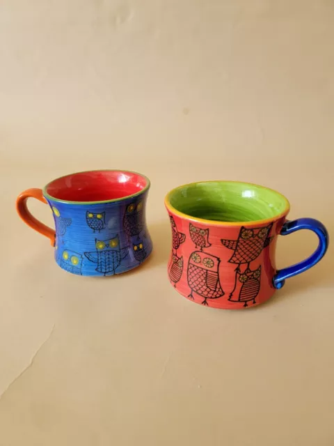 Set of 2 Pier One 1 Imports Coffee Mugs Tea Cups Colorful Owls Stackable Owl