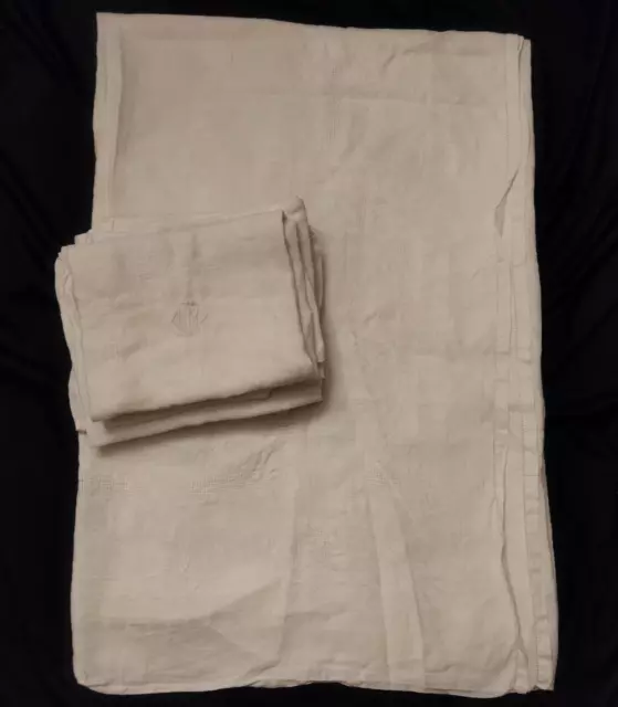 Belle grande nappe de 2,36 m Long 9 serviettes assorties en lin damassé XIX-XX s