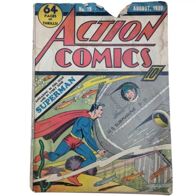 Action Comics #15 August 1939 Superman (Poor condition) Golden Age Comic Book