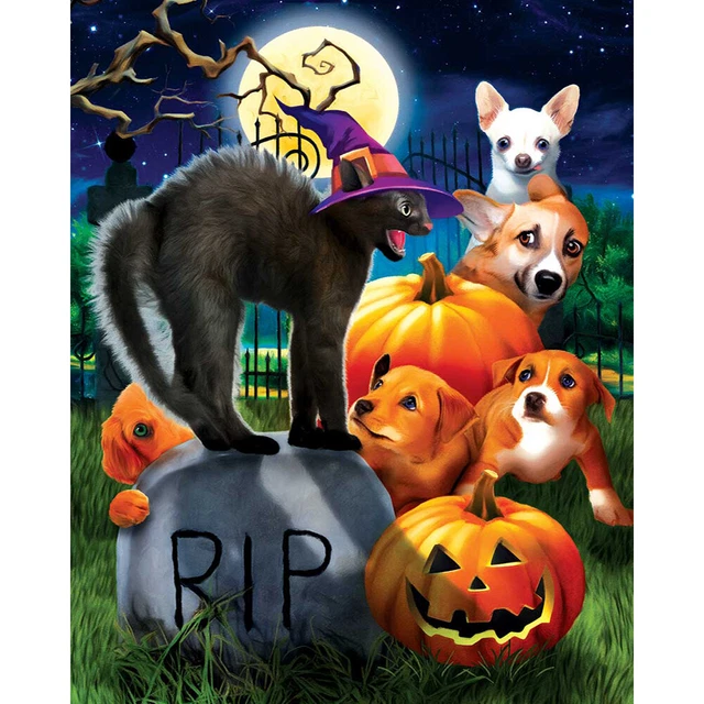 Halloween Dog Cat Frameless Picture Oil Paint By Numbers Hand Painted Picture