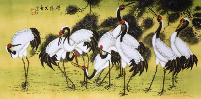ORIENTAL ASIAN ART CHINESE FAMOUS WATERCOLOR PAINTING-Beautiful Crane bird lover