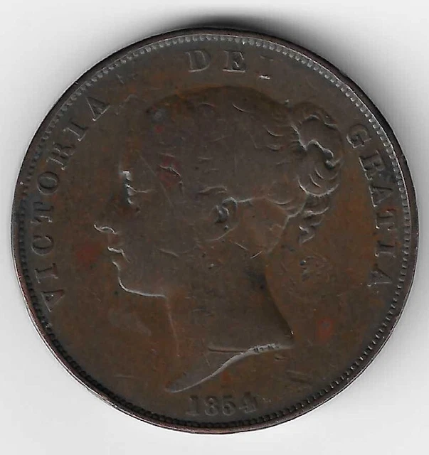 Queen Victoria Young Head 1854 PT Coinage Penny 1d British Coin
