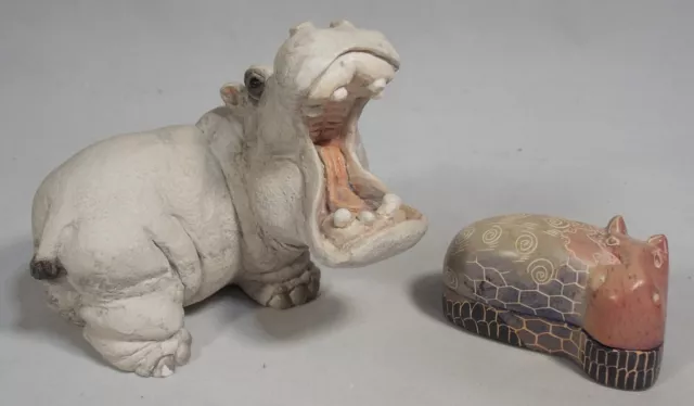 2 Hippos Stone Critters Figurine Open Mouth & Kenya Soapstone Trinket Box