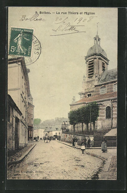 CPA Bolbec, Rue Thiers et l'Eglise 1908