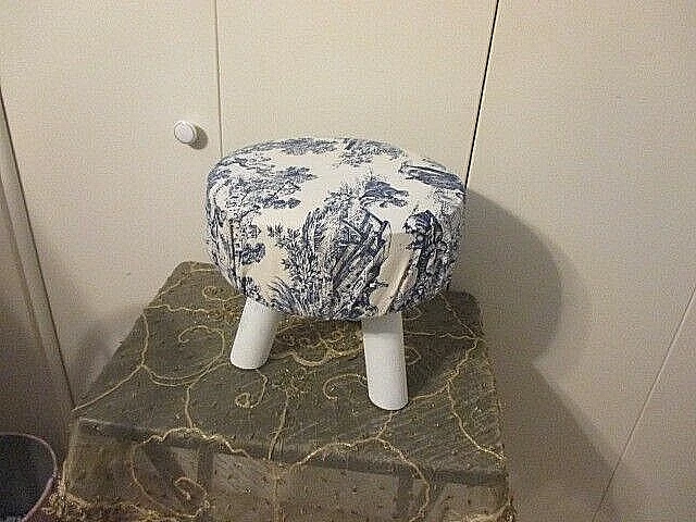 Shabby Cottage 3-Legged Round Footstool Blue/Cream Waverly Country Life Plush