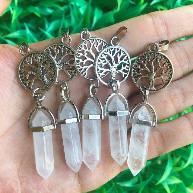 5pcs Rock Quartz Stone Pendants Tree Of Life Chakra Reiki Healing Amulet Healing