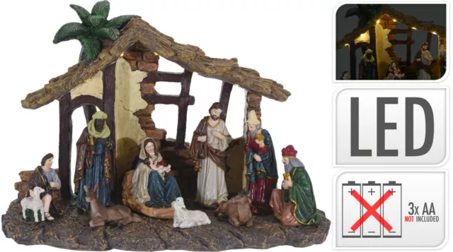 Large Resin LED Light Up Christmas Nativity Scene in Stable with 9 Figurines