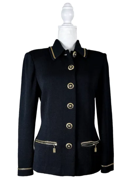 ST. JOHN Collection Blazer Jacket, Black Santana Knit, Gold Trim, Size 6