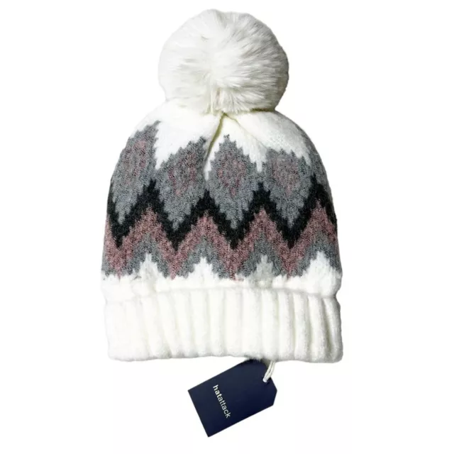 NWT Revolve Hat Attack Fair Isle Pom Cozy Knit Beanie Ivory Women’s OS