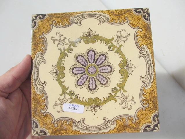 Antique Ceramic Tile Vintage Floral Art Nouveau Flowers Old Leaf Victorian