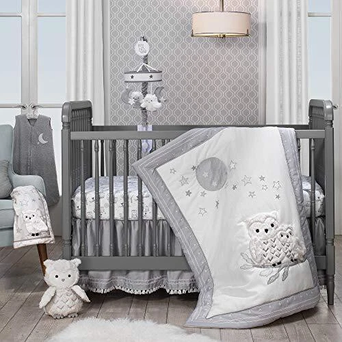 Lambs & Ivy Luna White/Gray Celestial Owl 4-Piece Nursery Baby Crib Bedding