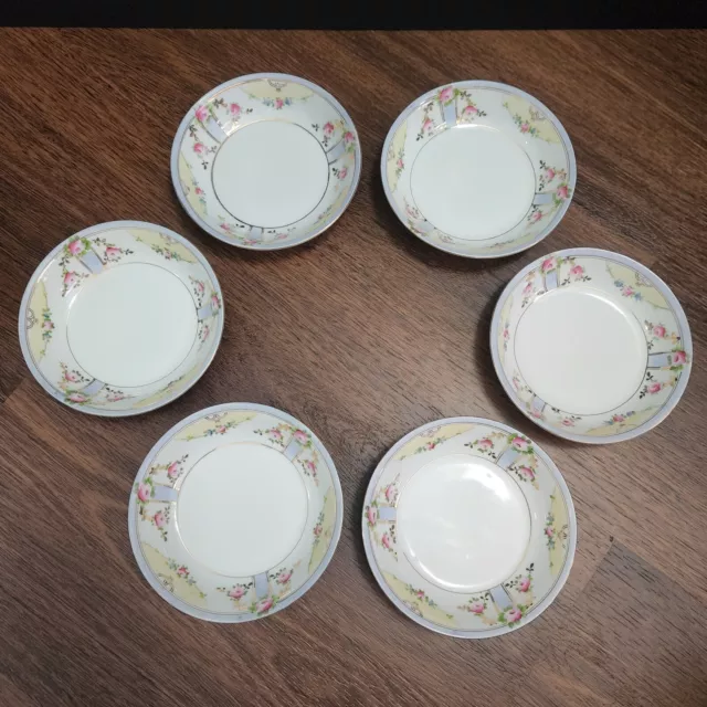 Hand Painted Nippon Cake Plate w/ 6 Dessert Plates Saucers Blue Strip Pink Roses