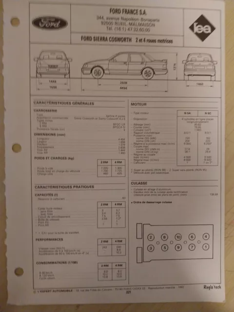 Ford Sierra Cosworth 4x4 2rm 2.0 Turbo Fiche Technique Regla tech 1992 6 Pages