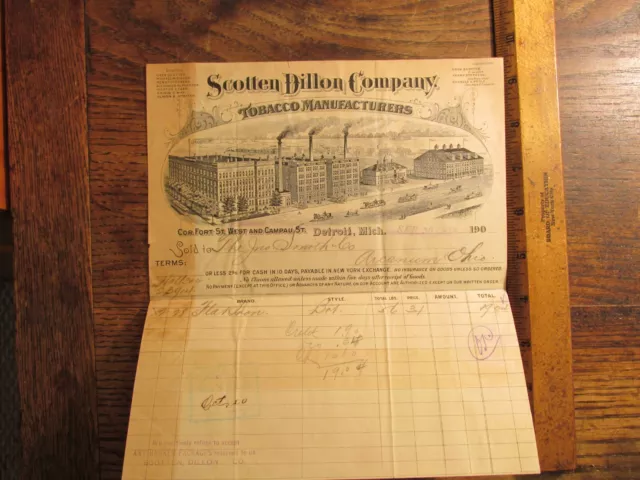 Antique Ephemera Billhead 1902 Detroit Scotten Dillon Company Tobacco