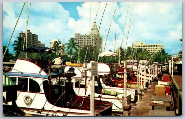 Vtg Miami Florida FL Pier 5 Fishing Fleet Boats Dock 1950s View Postcard